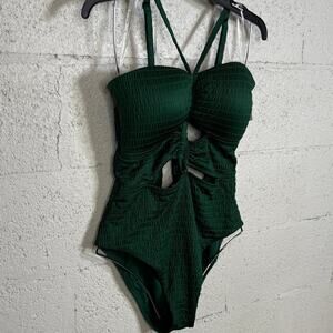 Bar III Women's Pucker up Textured Cutout Swimsuit, Fiji Foliage XL $94